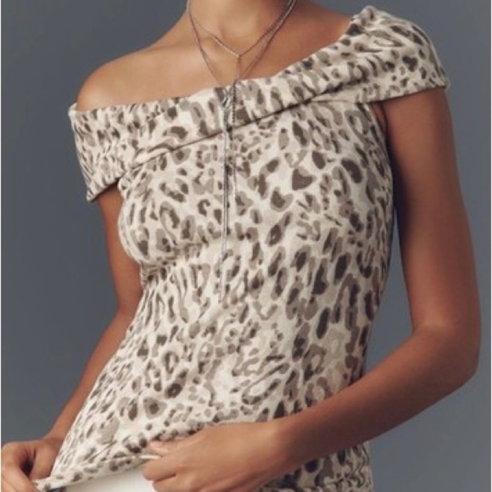 Pilcro Anthropologie Off-The-Shoulder Twist Rib Top Animal Print Size S Brown